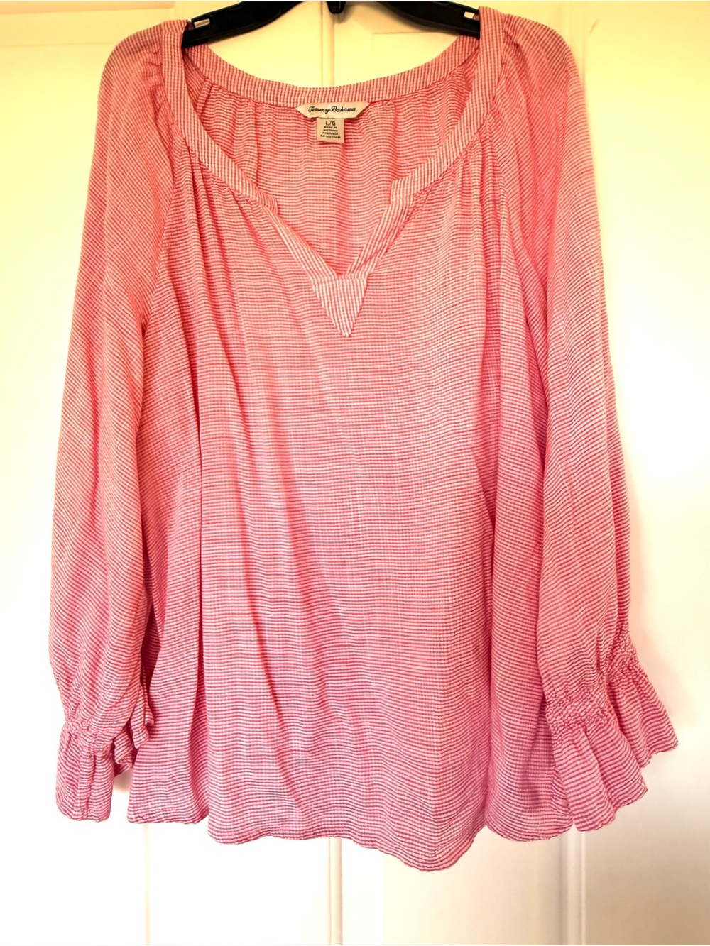 Tommy Bahama Red Checked Long-Sleeve Peasant Top With Gathered Cuffs.